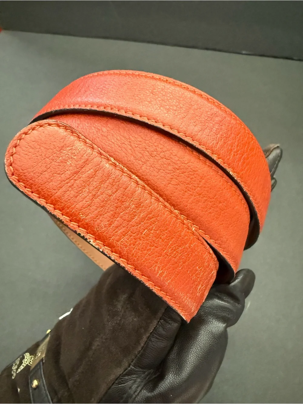 Celine Orange Circular Logo Ring Buckle Leather Belt